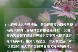 FIBA世界排名完整榜单，篮球世界实力直观呈现及相关探讨（含足球世界排名疑问） （说明，原内容提到了篮球世界排名又突兀出现足球世界排名字样，推测可能是想一并关联提及，所以标题中加入了对足球世界排名疑问的表述，若只是单纯想要篮球世界排名相关标题，可改为FIBA世界排名完整榜单，篮球世界实力的直观呈现 ）